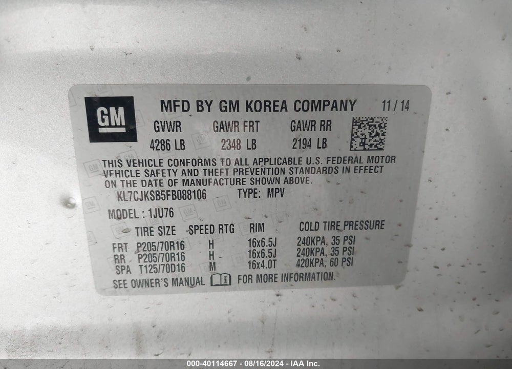 2015 CHEVROLET TRAX 1LS VIN: KL7CJKSB5FB088106