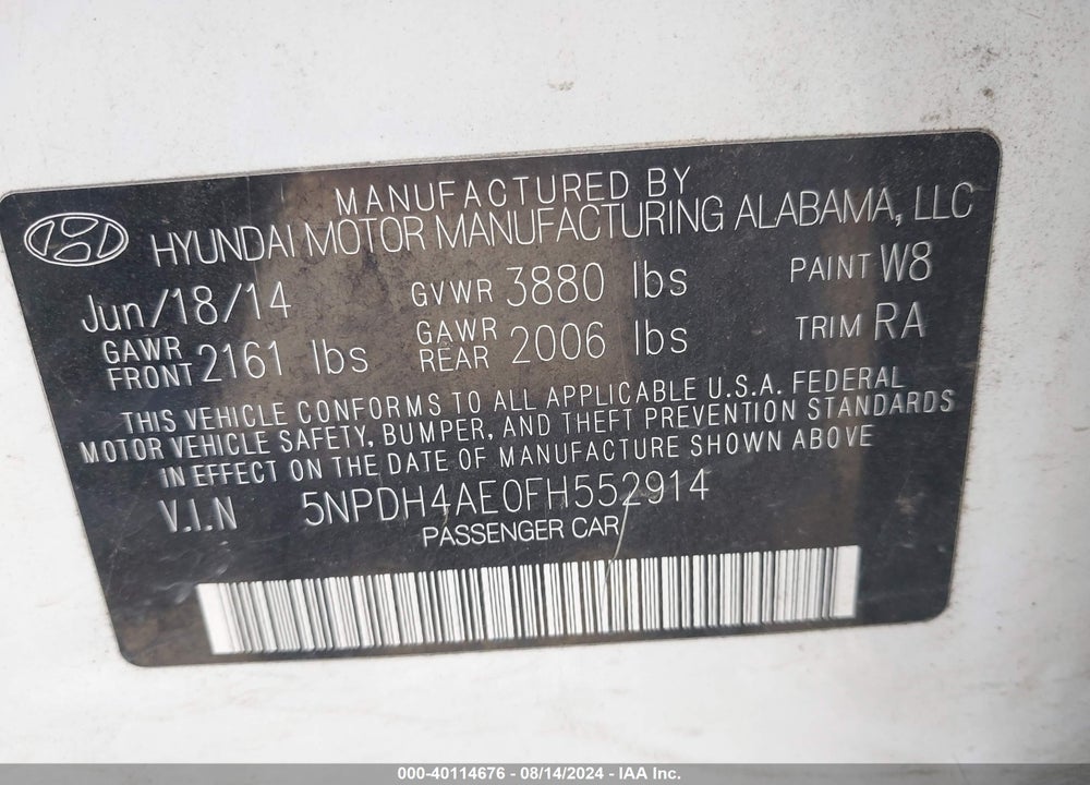 2015 HYUNDAI ELANTRA SE VIN: 5NPDH4AE0FH552914