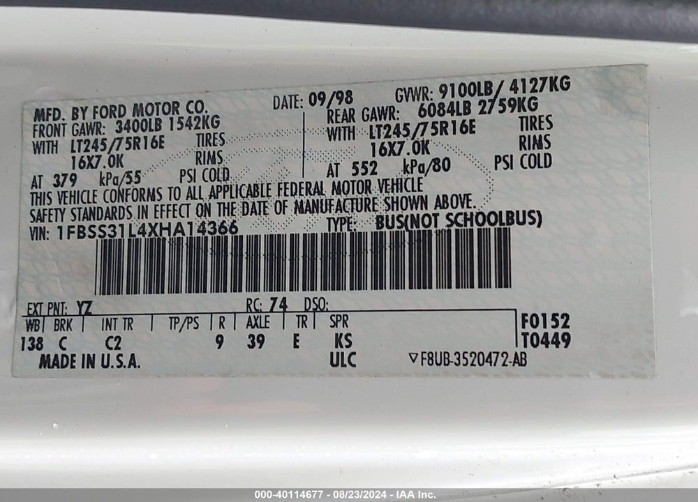 1999 FORD E-350 SUPER DUTY XL/XLT VIN: 1FBSS31L4XHA14366