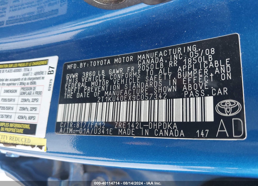2009 TOYOTA MATRIX VIN: 2T1KU40EX9C057342