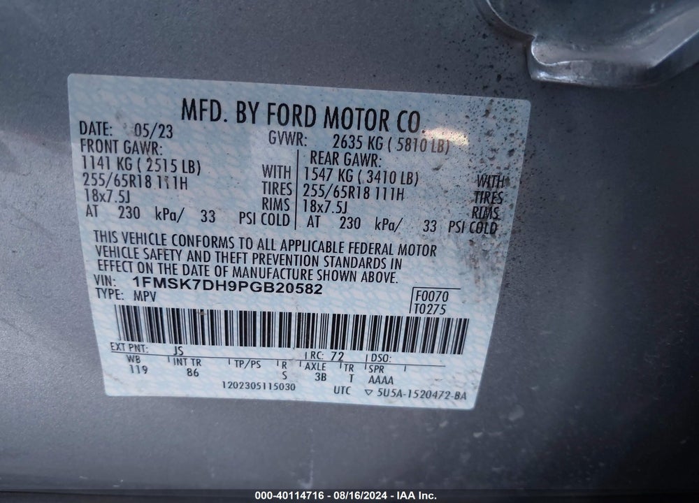 2023 FORD EXPLORER XLT VIN: 1FMSK7DH9PGB20582