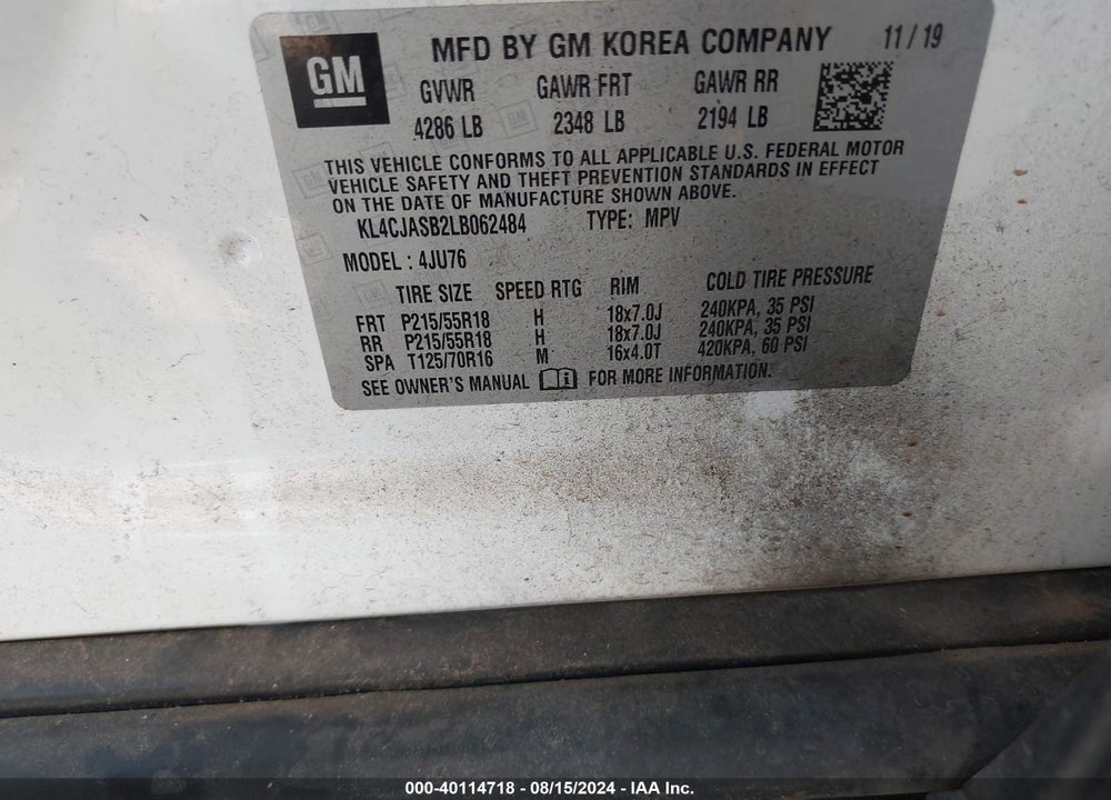 2020 BUICK ENCORE FWD PREFERRED VIN: KL4CJASB2LB062484