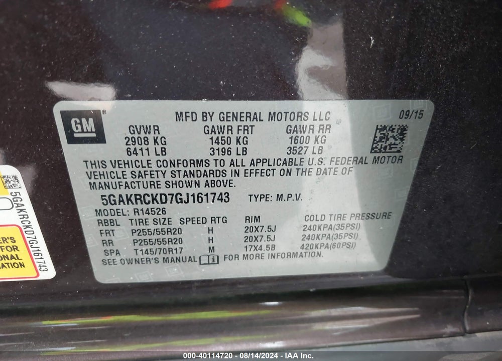 2016 BUICK ENCLAVE PREMIUM VIN: 5GAKRCKD7GJ161743