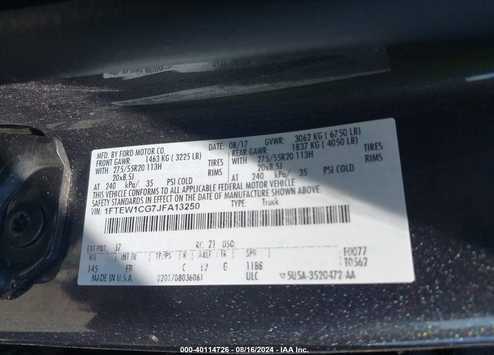 2018 FORD F-150 XLT VIN: 1FTEW1CG7JFA13250