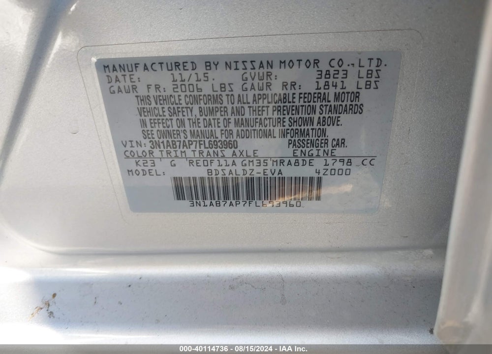 2015 NISSAN SENTRA SV VIN: 3N1AB7AP7FL693960