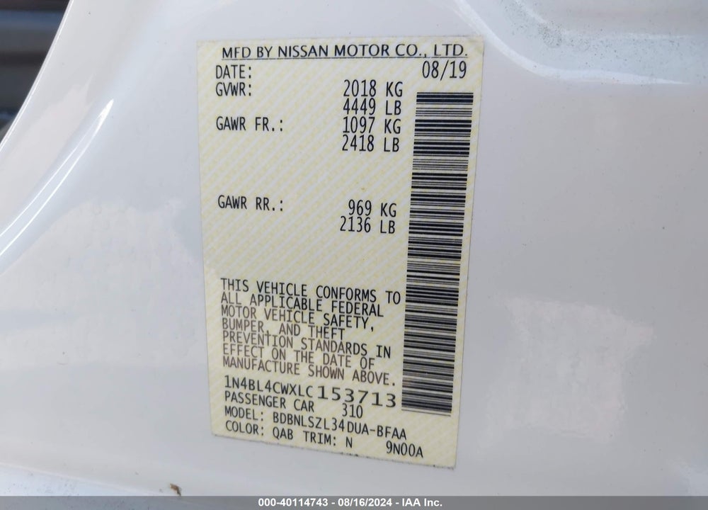 2020 NISSAN ALTIMA SR INTELLIGENT AWD VIN: 1N4BL4CWXLC153713