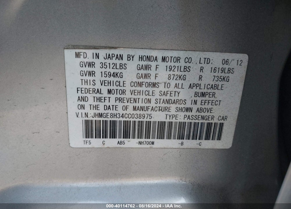 2012 HONDA FIT VIN: JHMGE8H34CC038975