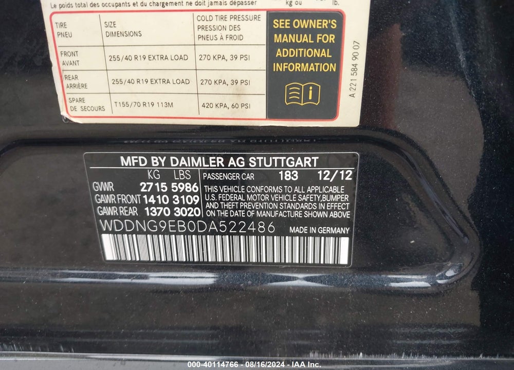 2013 MERCEDES-BENZ S 550 4MATIC VIN: WDDNG9EB0DA522486