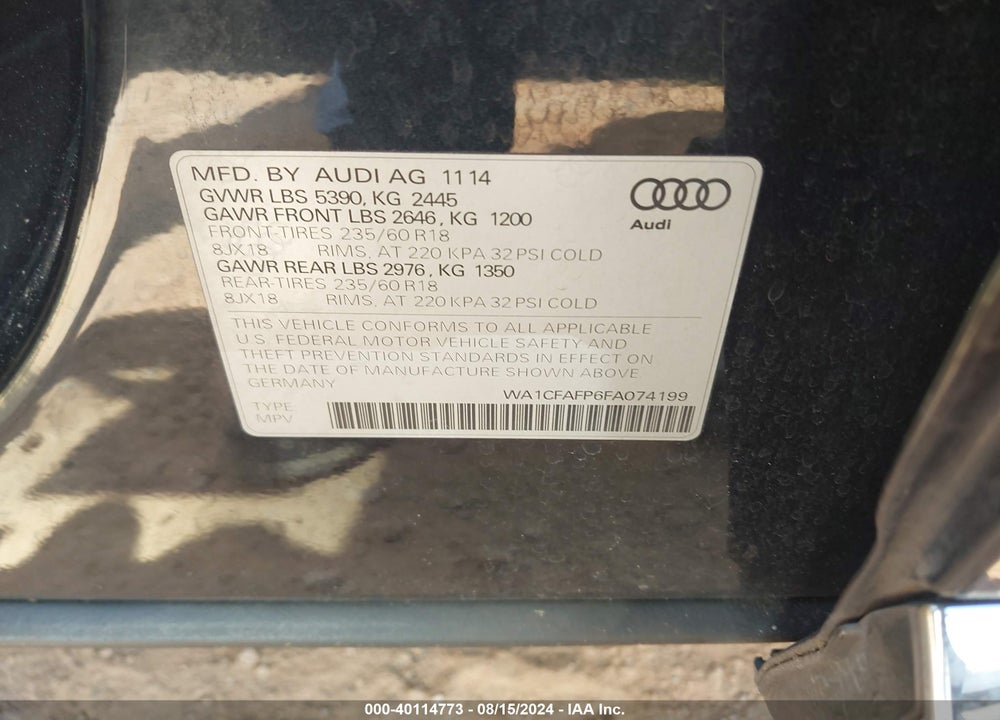 2015 AUDI Q5 2.0T PREMIUM VIN: WA1CFAFP6FA074199