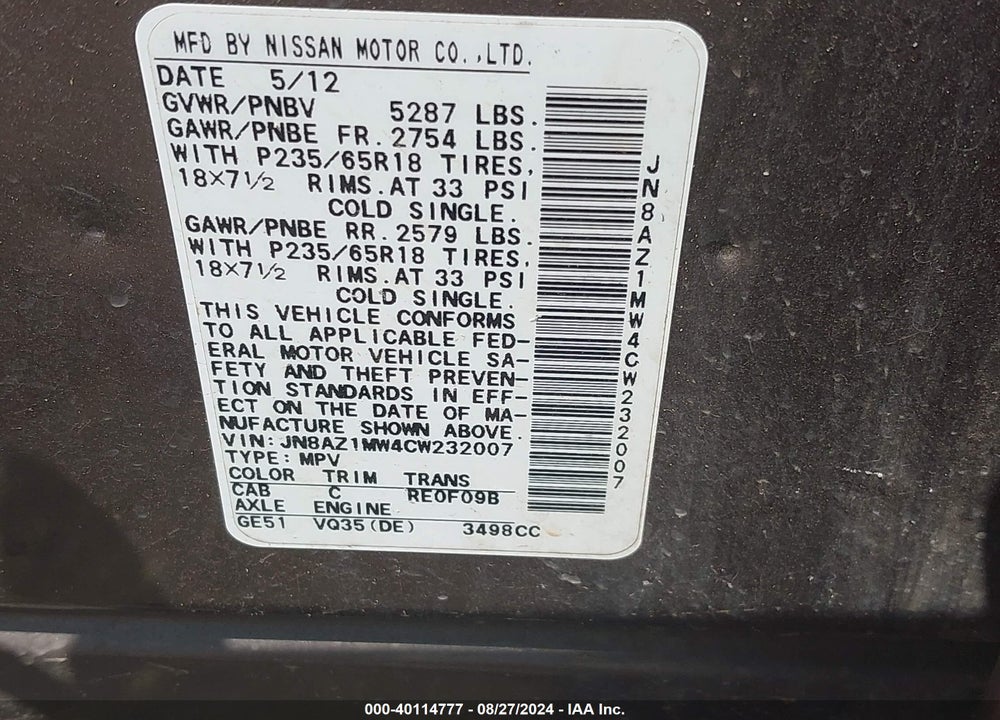 2012 NISSAN MURANO SL VIN: JN8AZ1MW4CW232007