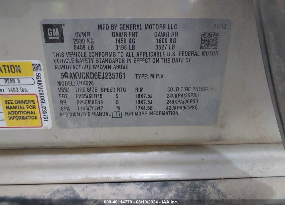 2014 BUICK ENCLAVE PREMIUM VIN: 5GAKVCKD6EJ235761