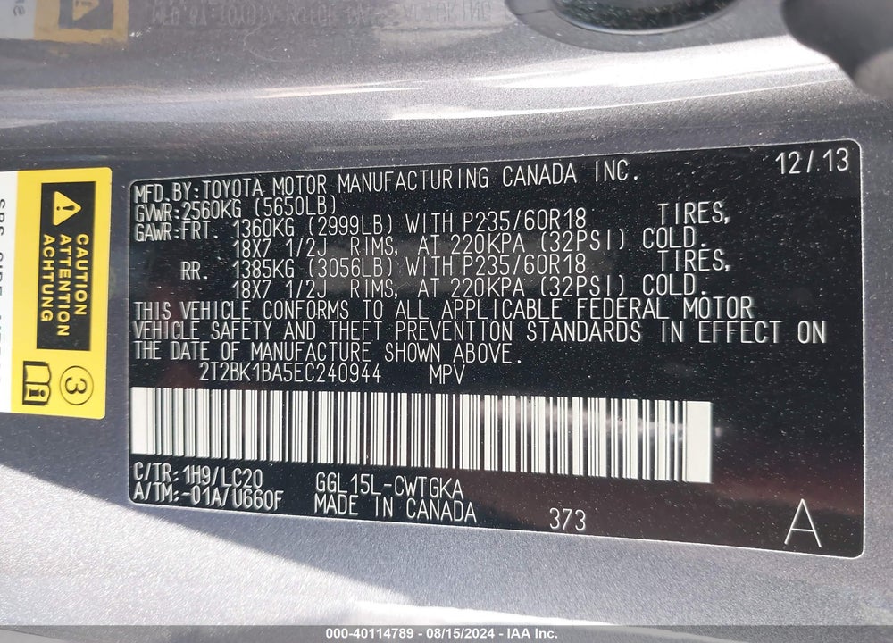 2014 LEXUS RX 350 VIN: 2T2BK1BA5EC240944