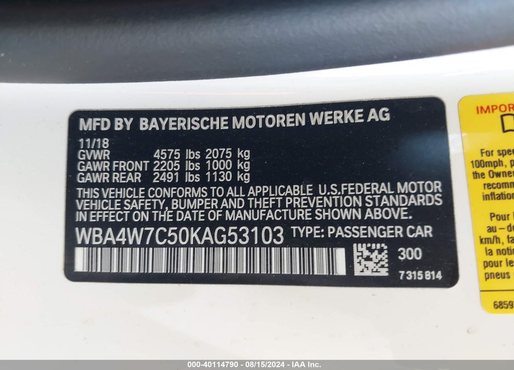 2019 BMW 440I VIN: WBA4W7C50KAG53103
