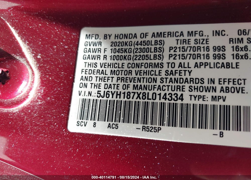 2008 HONDA ELEMENT VIN: 5J6YH187X8L014334
