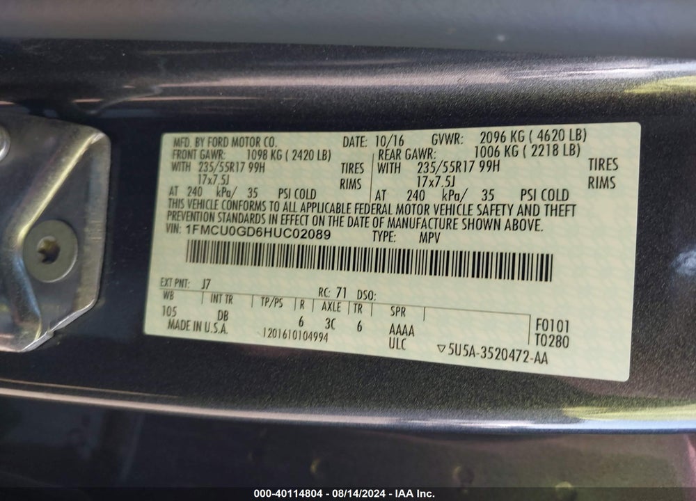2017 FORD ESCAPE VIN: 1FMCU0GD6HUC02089