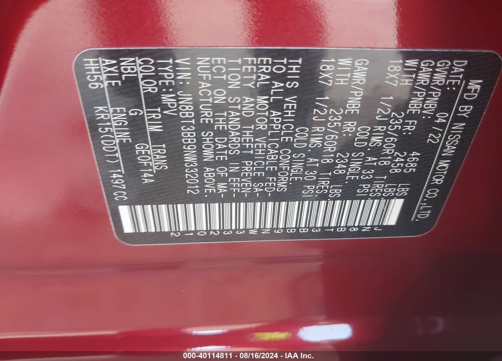 2022 NISSAN ROGUE SV INTELLIGENT AWD VIN: JN8BT3BB9NW332012