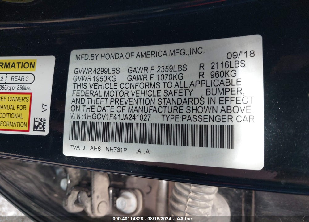 2018 HONDA ACCORD EX VIN: 1HGCV1F41JA241027
