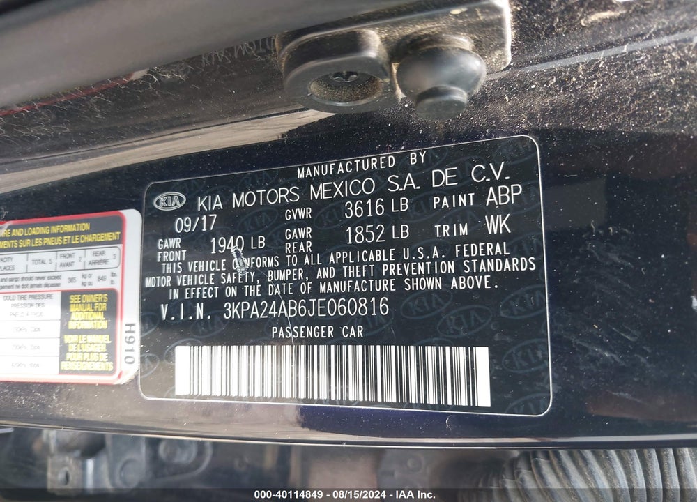 2018 KIA RIO LX VIN: 3KPA24AB6JE060816