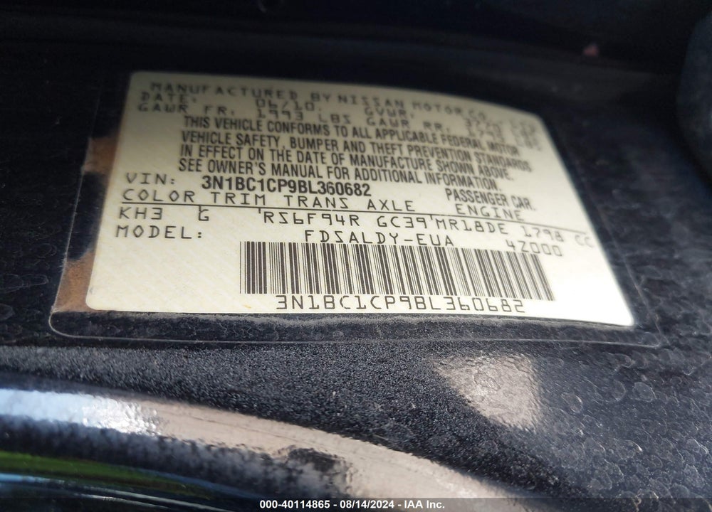 2011 NISSAN VERSA 1.8S VIN: 3N1BC1CP9BL360682