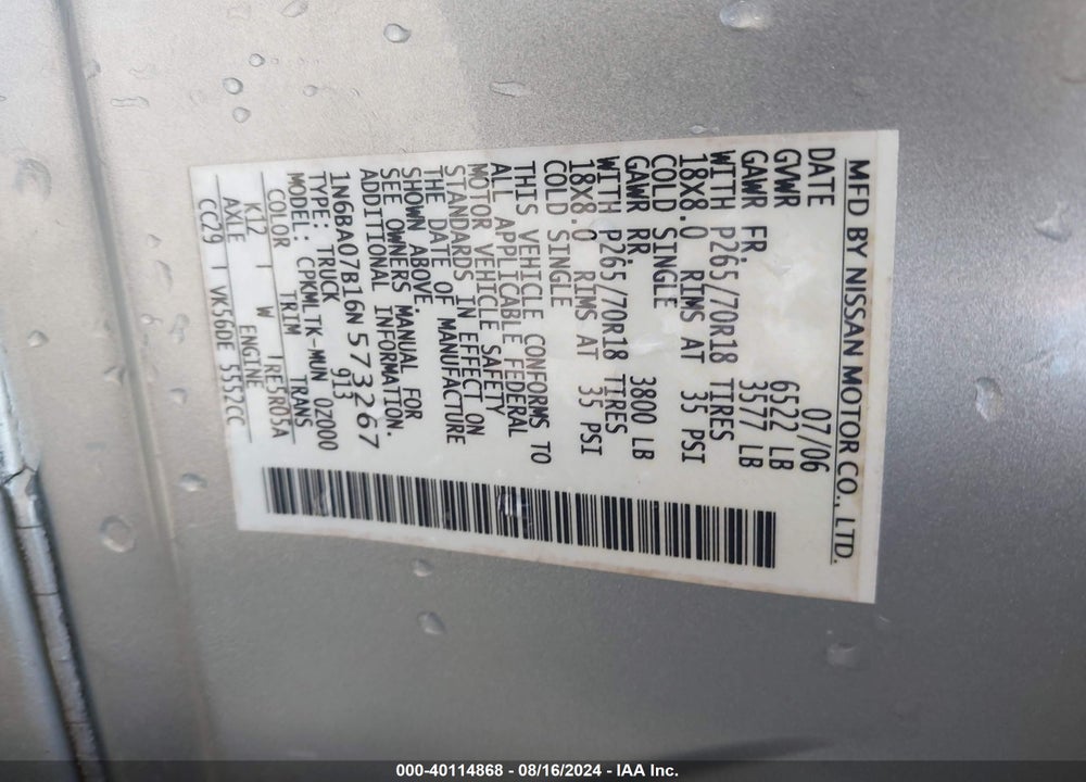 2006 NISSAN TITAN SE VIN: 1N6BA07B16N573267