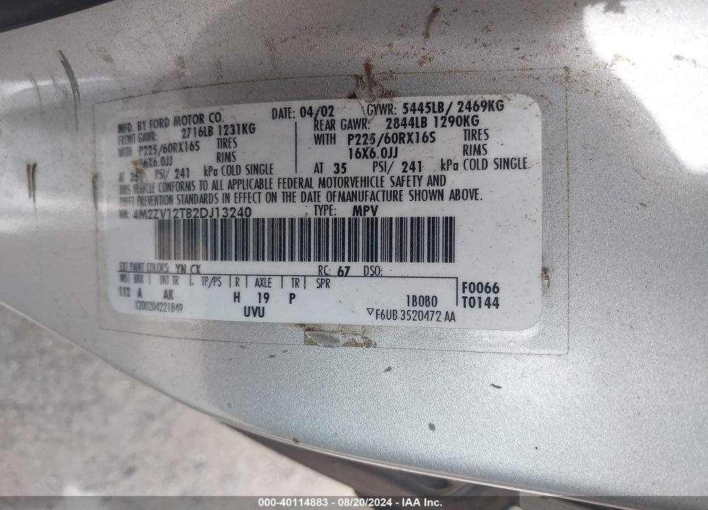 2002 MERCURY VILLAGER SPORT VIN: 4M2ZV12T82DJ13240