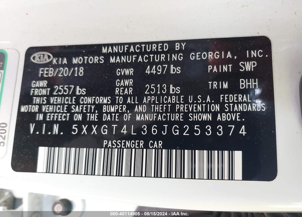 2018 KIA OPTIMA LX VIN: 5XXGT4L36JG253374