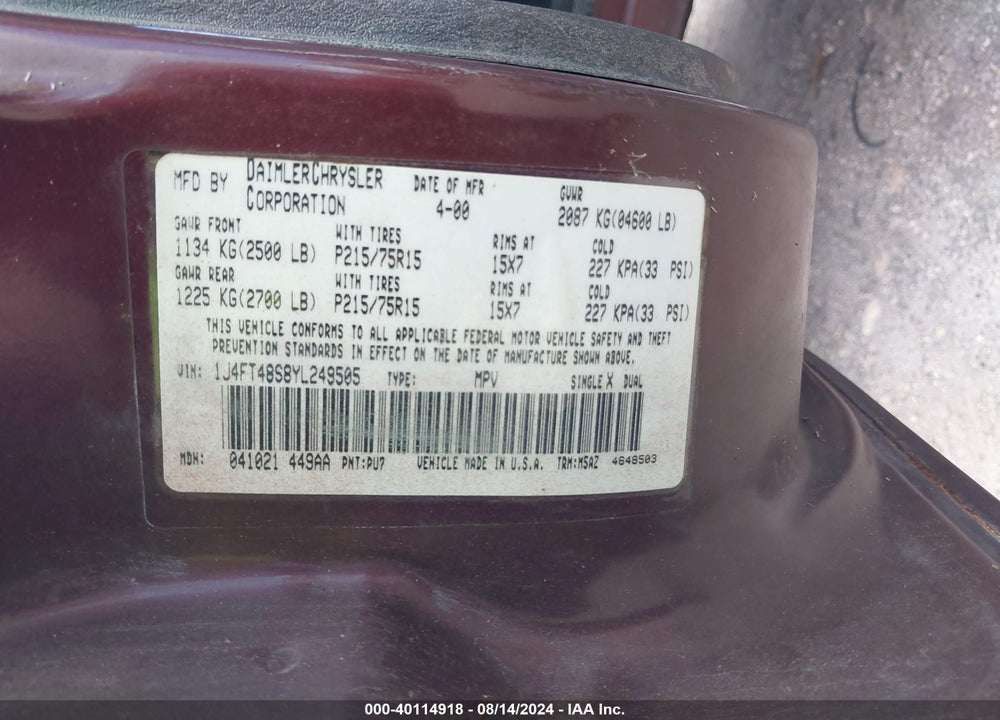 2000 JEEP CHEROKEE SPORT VIN: 1J4FT48S8YL249505