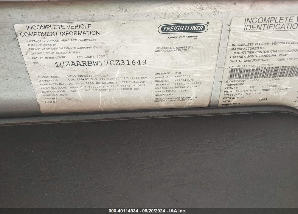 2007 FREIGHTLINER CHASSIS M LINE WALK-IN VAN VIN: 4UZAARBW17CZ31649