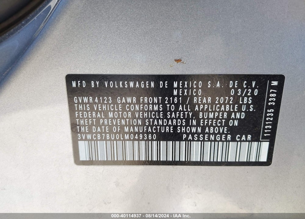2020 VOLKSWAGEN JETTA 1.4T R-LINE/1.4T S/1.4T SE VIN: 3VWCB7BU0LM049360