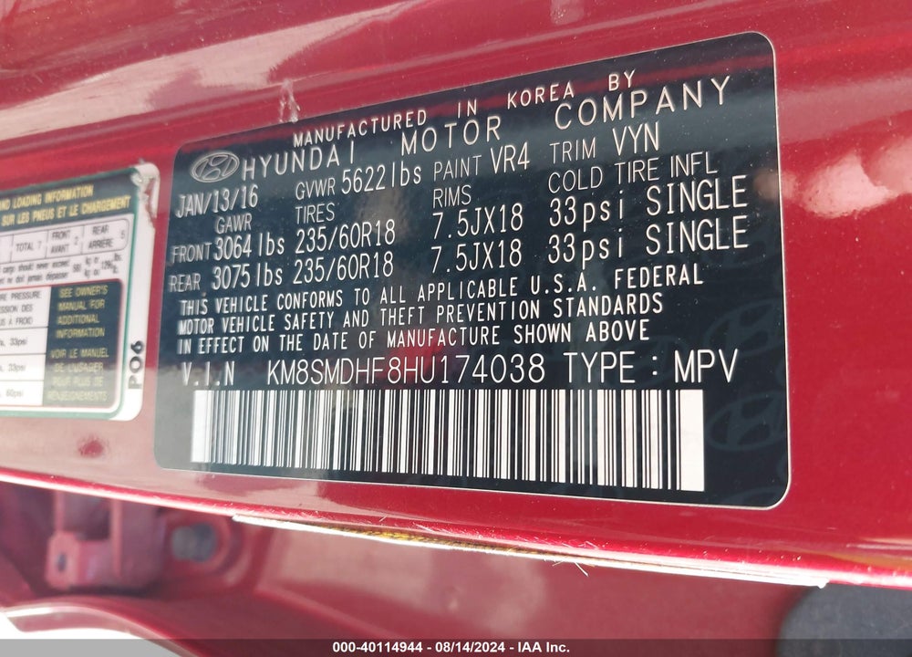 2017 HYUNDAI SANTA FE SE VIN: KM8SMDHF8HU174038