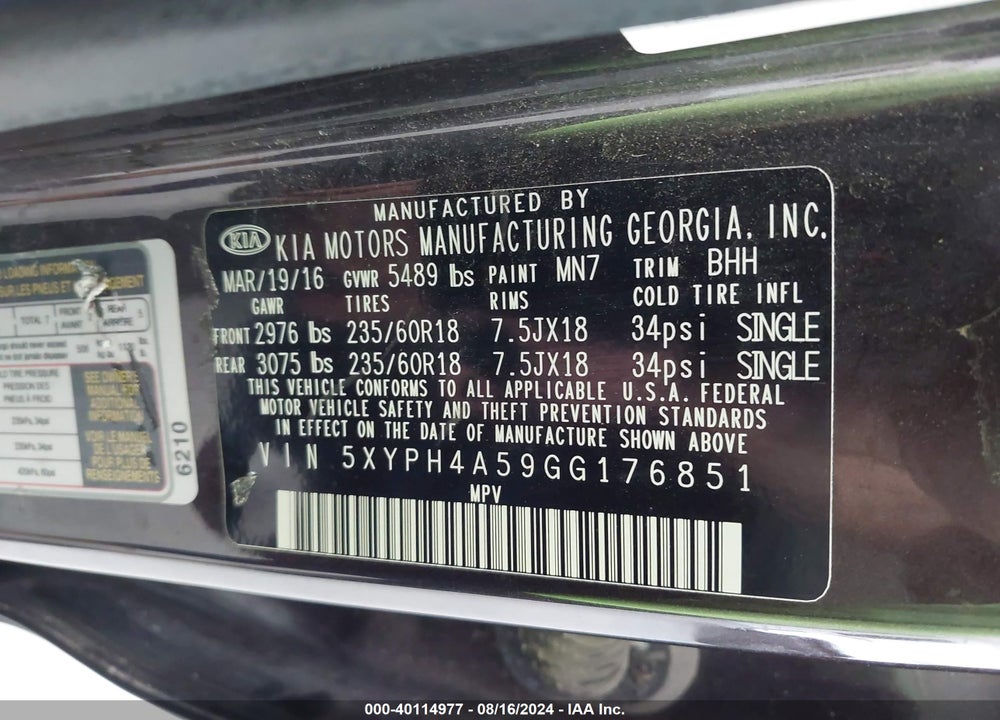 2016 KIA SORENTO 3.3L EX VIN: 5XYPH4A59GG176851