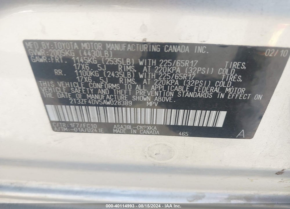 2010 TOYOTA RAV4 VIN: 2T3ZF4DV5AW028389