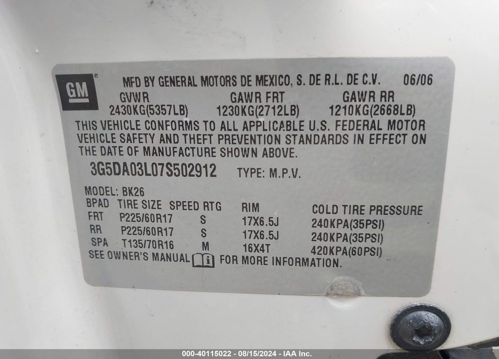 2007 BUICK RENDEZVOUS CX VIN: 3G5DA03L07S502912