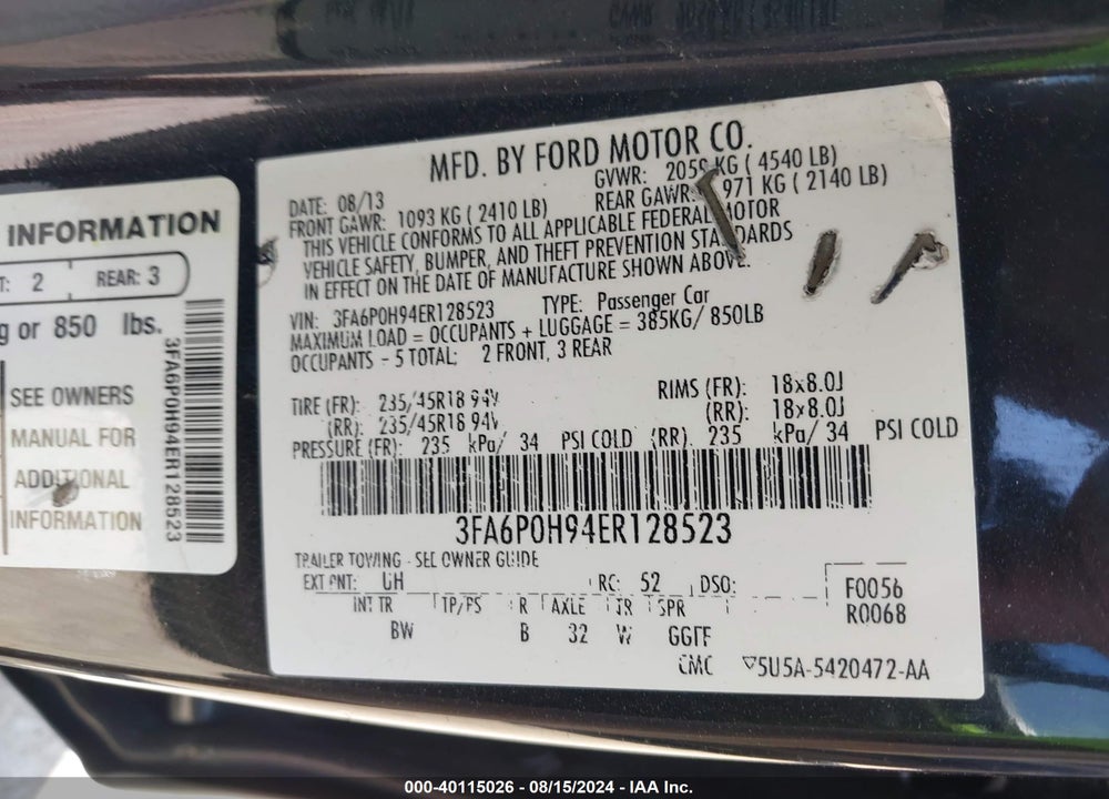 2014 FORD FUSION SE VIN: 3FA6P0H94ER128523