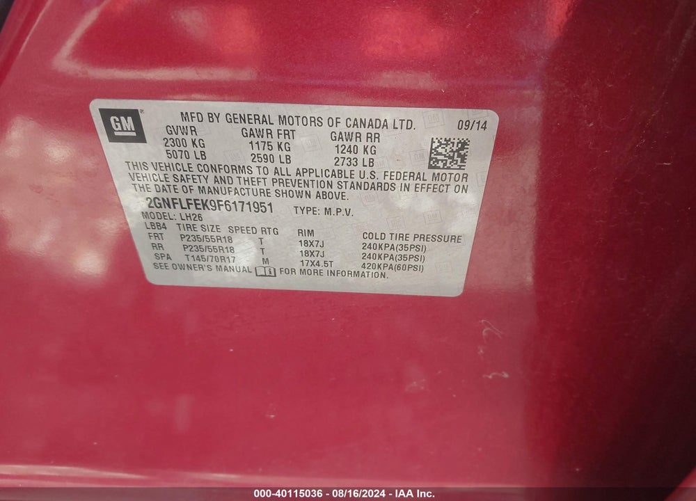 2015 CHEVROLET EQUINOX 1LT VIN: 2GNFLFEK9F6171951