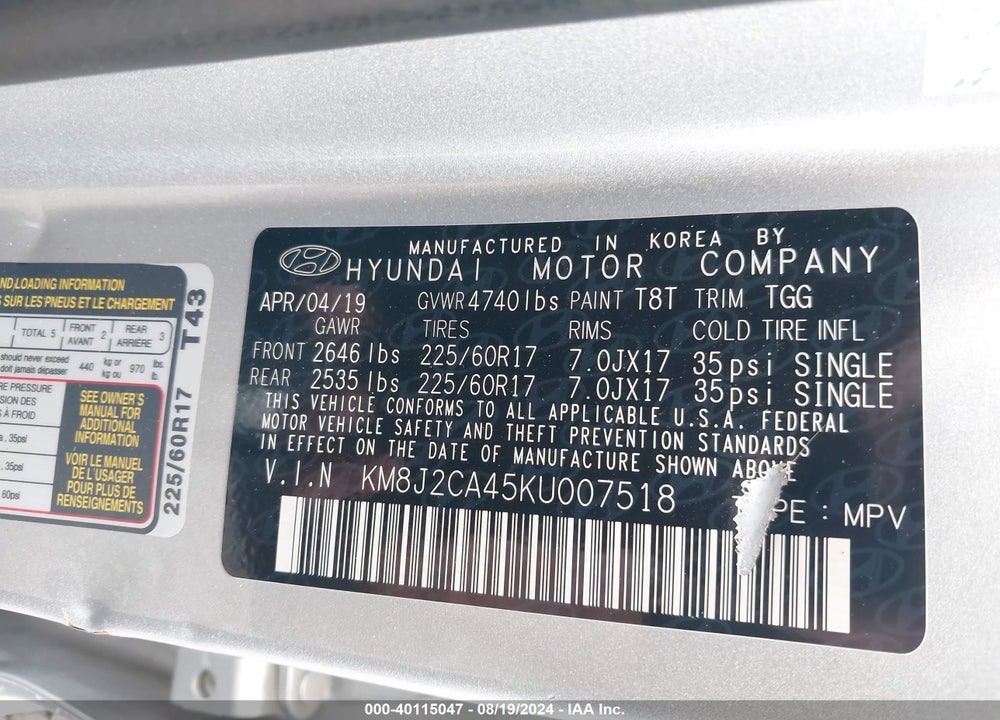 2019 HYUNDAI TUCSON SE VIN: KM8J2CA45KU007518