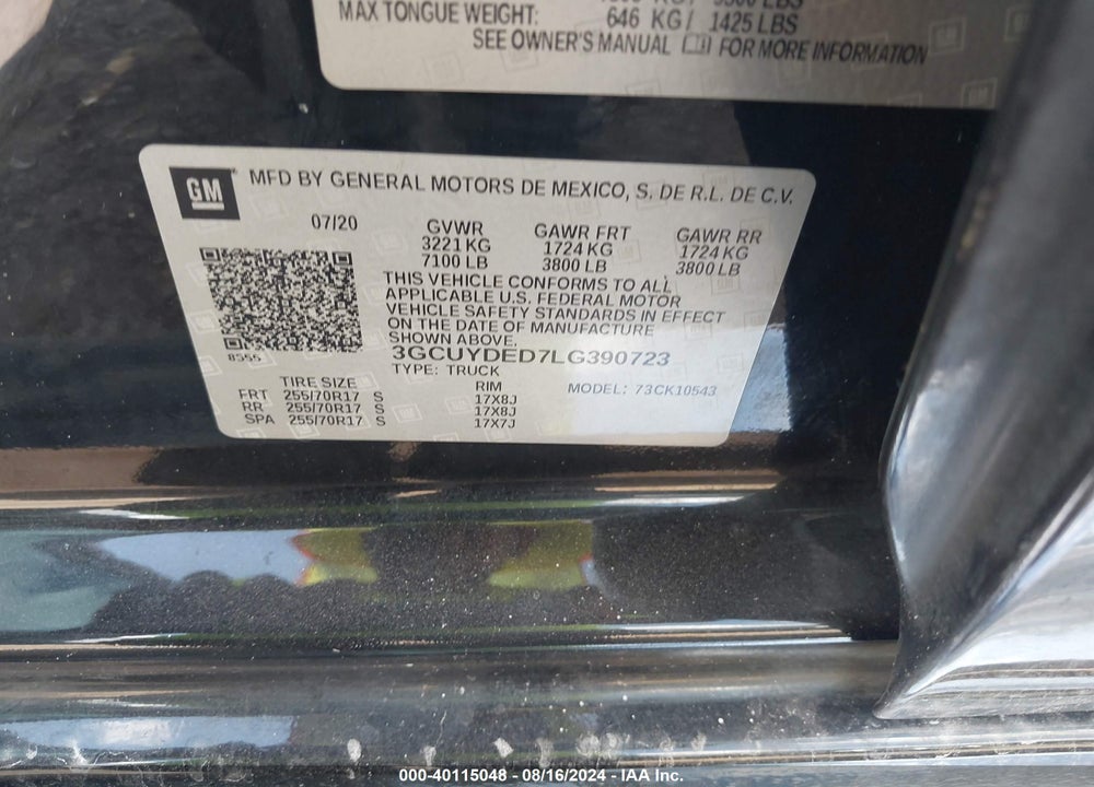 2020 CHEVROLET SILVERADO 1500 4WD SHORT BED LT VIN: 3GCUYDED7LG390723