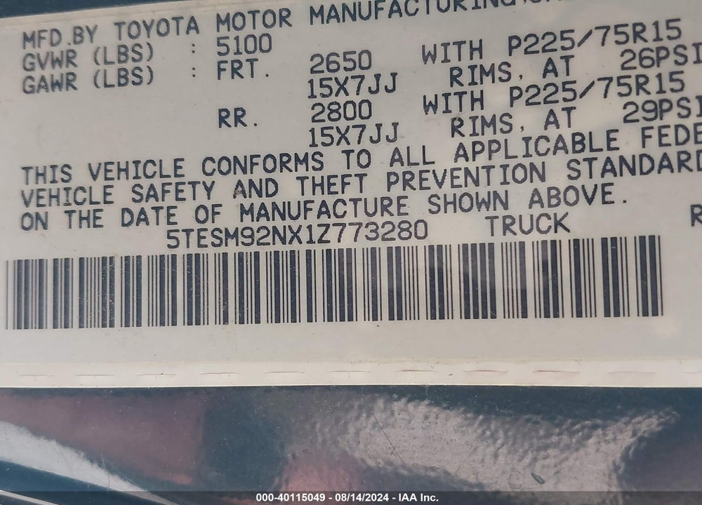 2001 TOYOTA TACOMA PRERUNNER VIN: 5TESM92NX1Z773280