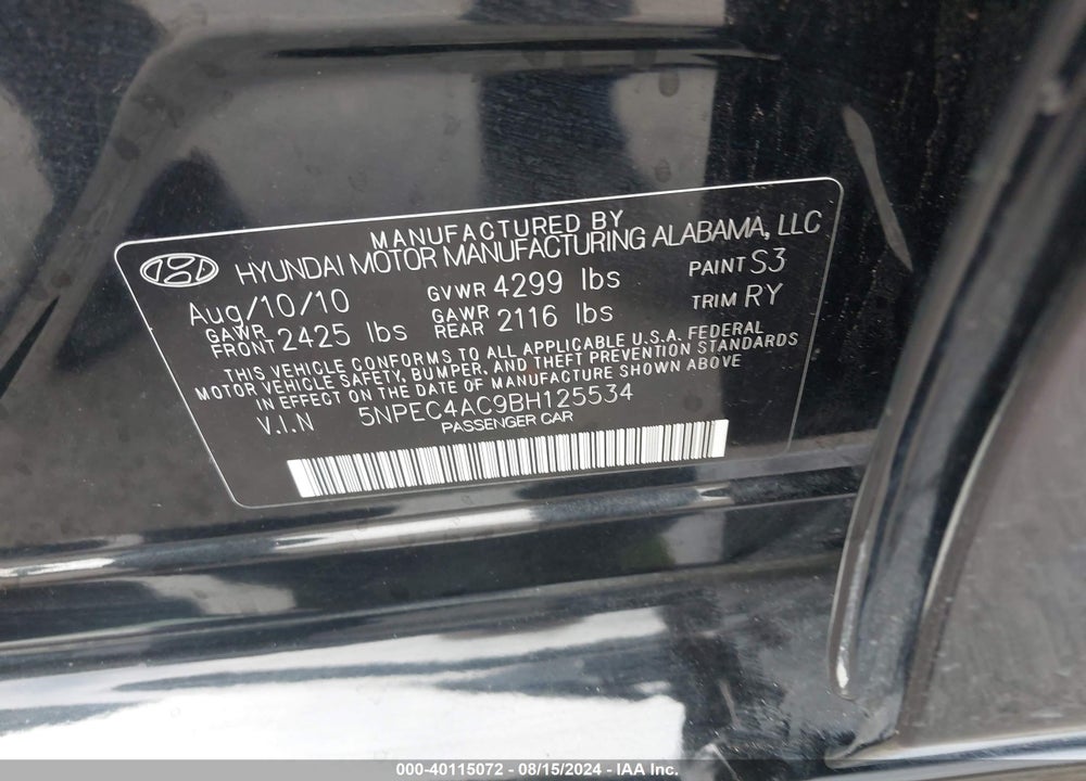 2011 HYUNDAI SONATA LIMITED VIN: 5NPEC4AC9BH125534