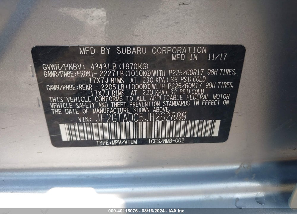 2018 SUBARU CROSSTREK 2.0I PREMIUM VIN: JF2GTADC5JH262889