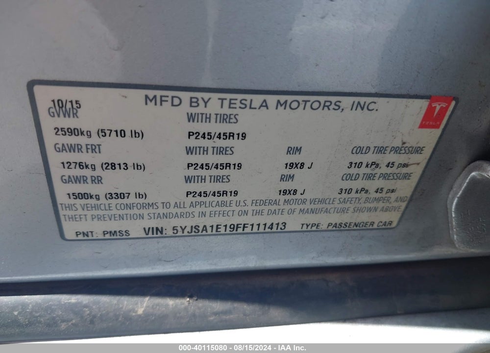 2015 TESLA MODEL S 60/70/85 VIN: 5YJSA1E19FF111413