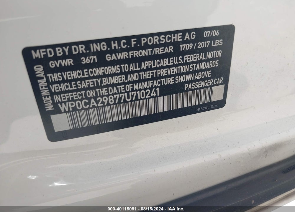 2007 PORSCHE BOXSTER VIN: WP0CA29877U710241