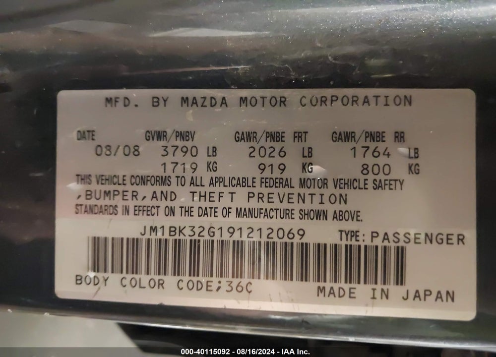 2009 MAZDA MAZDA3 VIN: JM1BK32G191212069