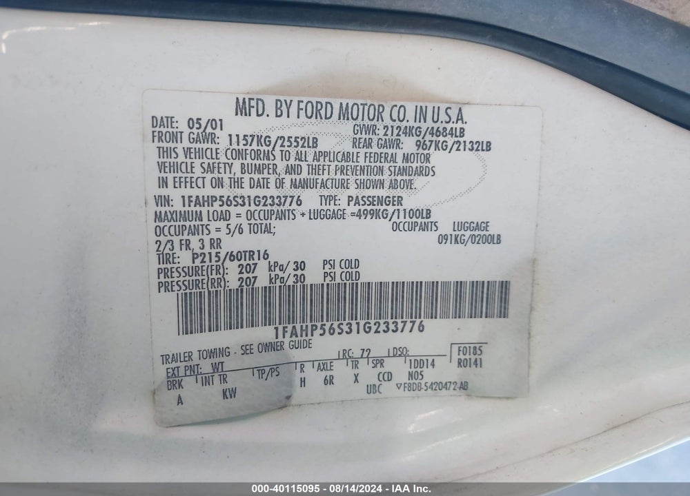 2001 FORD TAURUS SEL VIN: 1FAHP56S31G233776