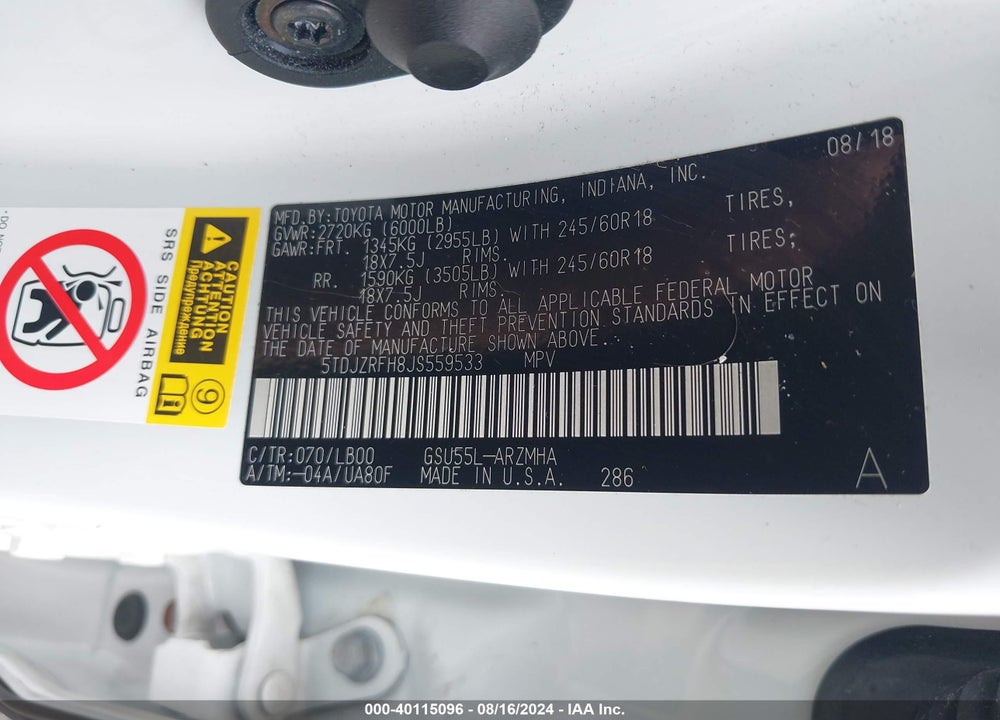2018 TOYOTA HIGHLANDER XLE VIN: 5TDJZRFH8JS559533