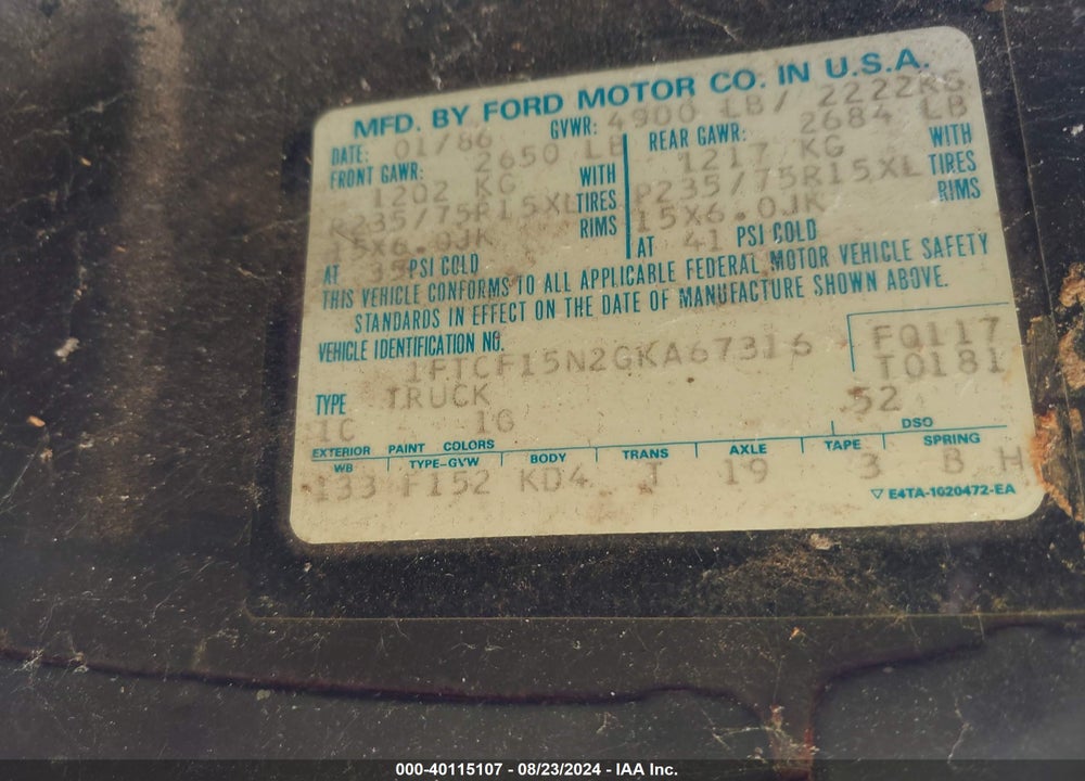 1986 FORD F150 VIN: 1FTCF15N2GKA67316