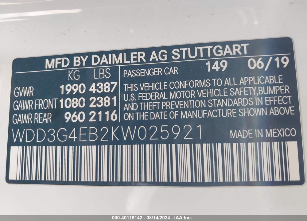 2019 MERCEDES-BENZ A 220 VIN: WDD3G4EB2KW025921