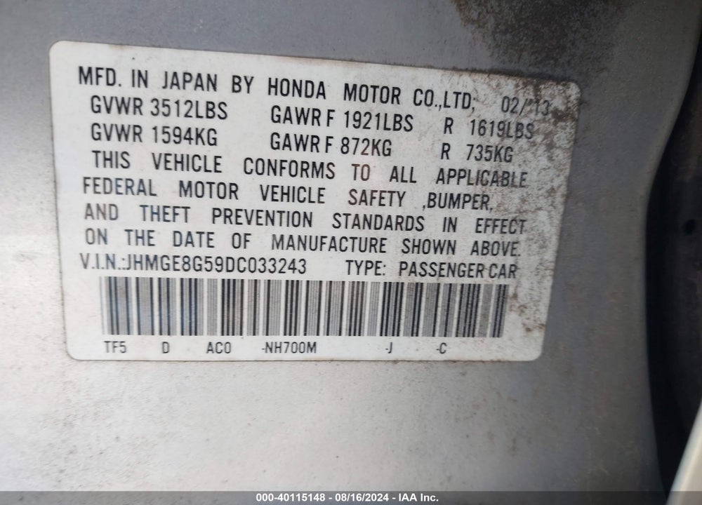 2013 HONDA FIT SPORT VIN: JHMGE8G59DC033243