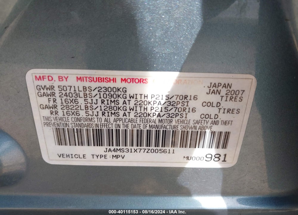 2007 MITSUBISHI OUTLANDER ES/LS VIN: JA4MS31X77Z005611