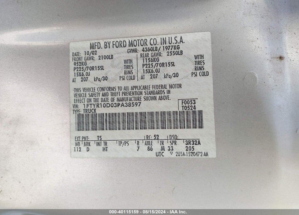 2003 FORD RANGER XL/XLT VIN: 1FTYR10D03PA38597